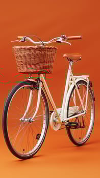 Stylish white bicycle with a wicker basket against an orange background photo