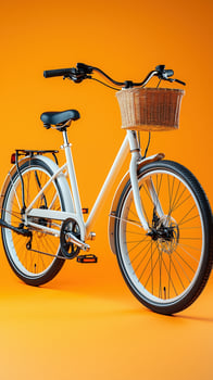 Classic white bicycle with basket against bright orange background photo