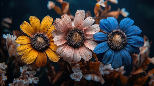 Colorful close-up of vintage flowers in blue, yellow and pink against a dark background photo