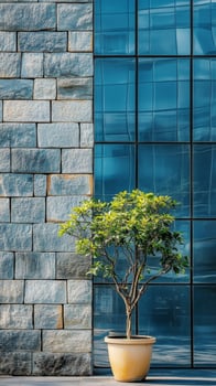 Modern Building Facade with Glass and Stone Wall, Urban Design, Abstract Architectural Exterior and Geometric Pattern, Contemporary City Structure photo