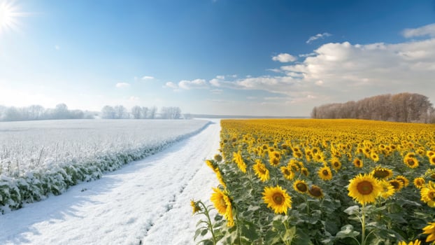 Transitioning seasons reveal a stunning contrast between snow and sunflowers photo