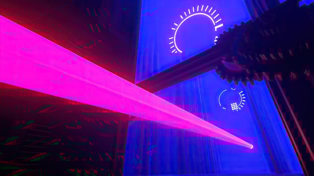 Abstract Cyberpunk with Gears, Neon Laser Beam, UI Elements, and Deep Blue Futuristic Backdrop photo