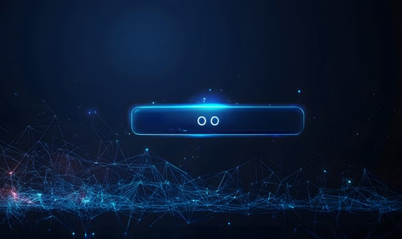 Abstract Dark Blue Tech Background with Futuristic Button, Connected Network, and Glowing Data Points photo
