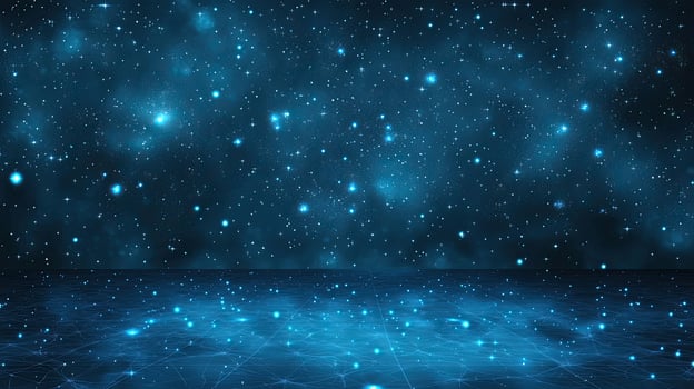 Abstract Dark Blue Starry Night Sky with Futuristic Interconnected Grid Floor Design photo