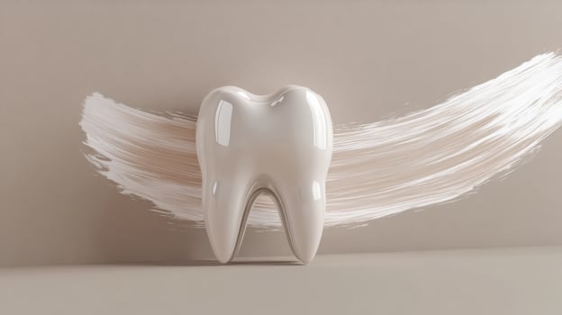 Shiny tooth model against artistic brushstroke background for dental concept photo