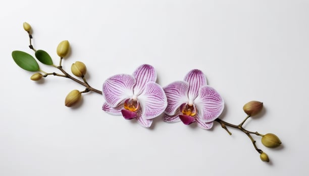 A pair of elegant orchids in shades of pink showcasing their intricate petals on a clean background. Ideal for floral design, beauty products, or home decor inspiration. photo