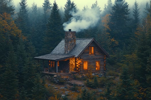 Illuminated Log Cabin nestled in a misty forest photo