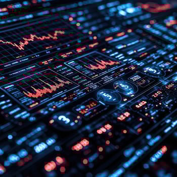 Abstract Financial Data Visualization with Charts, Graphs, and Numbers in Blue and Red Tones for Stock Market Analysis photo