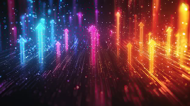 Abstract Financial Growth Upward Arrow Movement with Glowing Particle Streams on Dark Background, Business Success and Technology photo