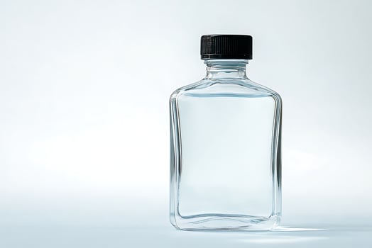 A clear glass bottle with a black lid photo