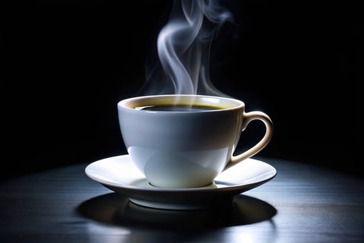 White cup on black table. White cup with coffee in the dark.. photo