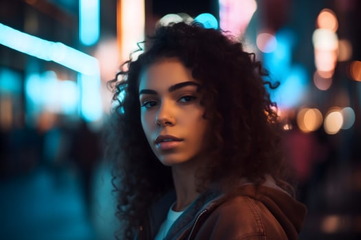 beautiful slender 18-year-old girl with deep brown skin and curly hair, posing confidently in a modern cityscape photo