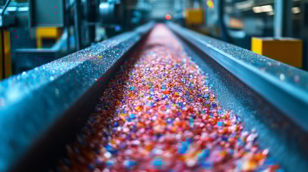 Brightly colored materials are transported along a conveyor belt in a logistics warehouse dedicated to recycling and sustainable packaging solutions. photo