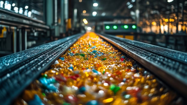 Conveyor belt transports brightly colored plastic waste through a busy logistics warehouse, emphasizing recycling efforts and inventory management for sustainable operations. photo