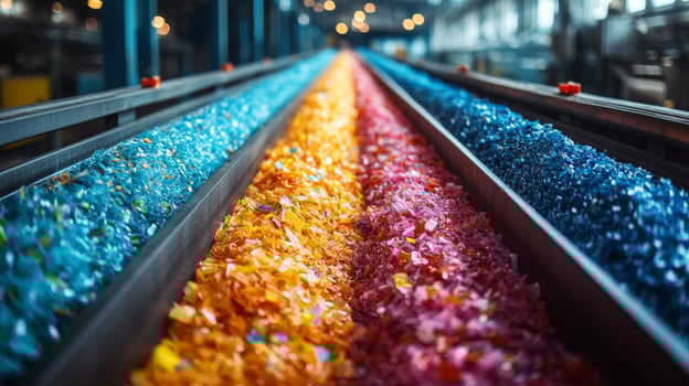 Colorful plastic flakes sorted by hue travel on a conveyor belt inside a state of the art recycling facility, dedicated to improving sustainability and waste reduction strategies. photo