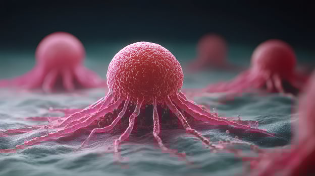 Microscopic View of Cancer Cells Pink Invasive Tumor Cells Spreading Medical Research photo