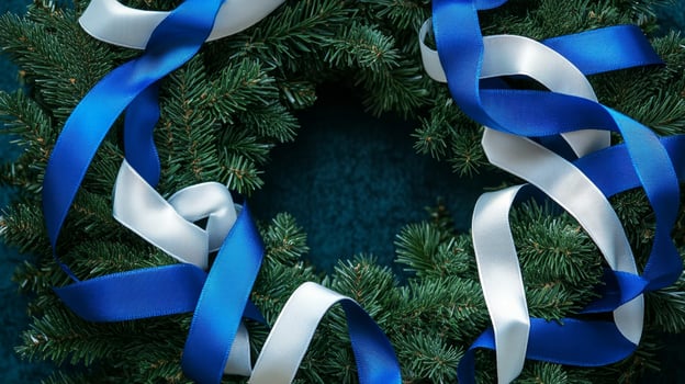 A wreath with blue and white ribbons on it photo