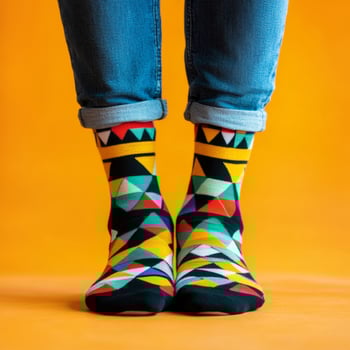 A woman wearing colorful socks with geometric designs photo