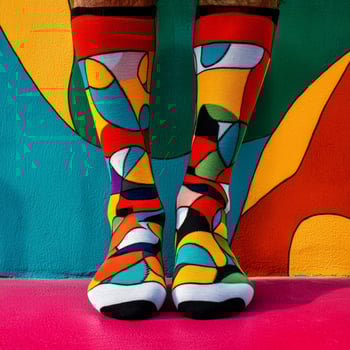 A man wearing colorful socks standing in front of a colorful wall photo