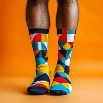 A man wearing colorful socks with geometric designs photo