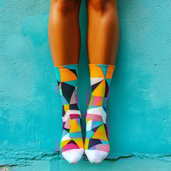 A woman's legs with colorful socks on a blue wall photo