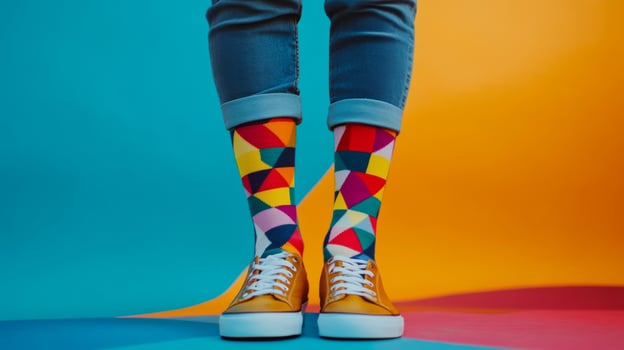 Woman wearing colorful socks and sneakers on colorful background photo