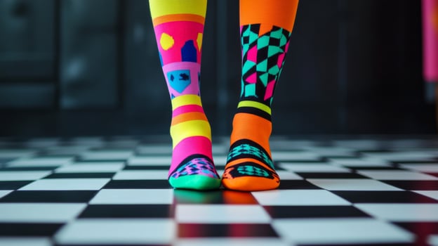A person wearing colorful socks on a checkered floor photo