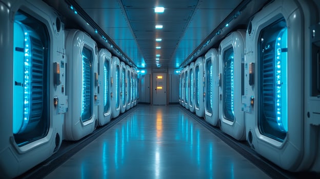 A corridor in a state of the art cold storage facility shows rows of climate controlled refrigeration units, ensuring optimal conditions for pharmaceuticals and perishable products. photo