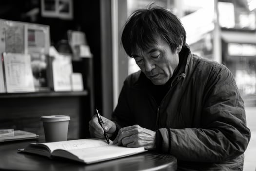 A man writing in a coffee shop photo