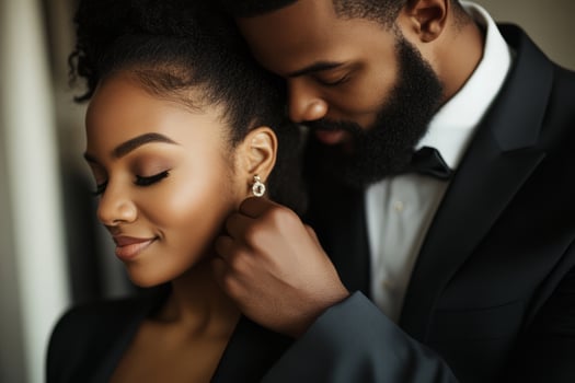A man in a suit is adjusting the ear of a woman photo