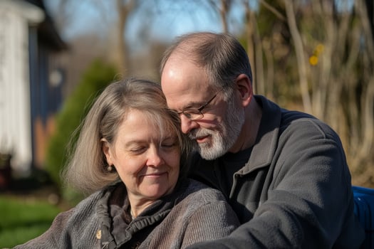 An older couple sitting on a bench in the yard photo