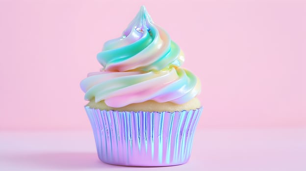 Holographic Cupcake with Rainbow Frosting on Pink Background photo