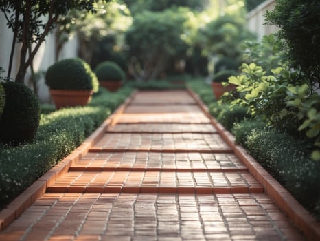 A walkway with brick steps leading to a garden photo