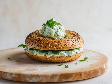 artisan everything bagel with herb cream cheese spread on wooden board. photo