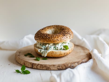artisan everything bagel with herb cream cheese spread on wooden board photo