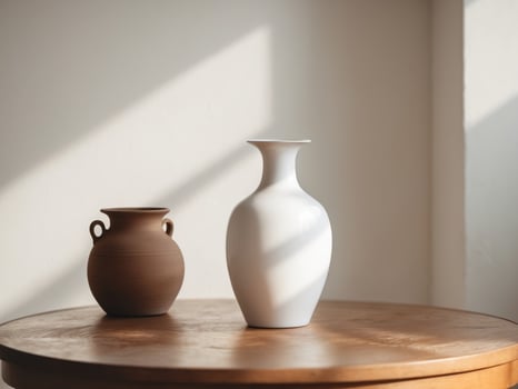 White ceramic vase wooden table is round has Clay pot of water. photo