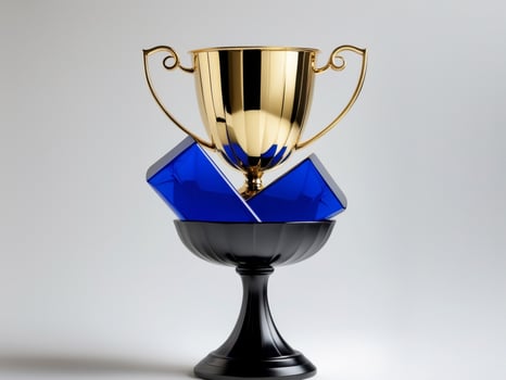 Golden trophy black pedestal is shape cup two Blue Award. photo
