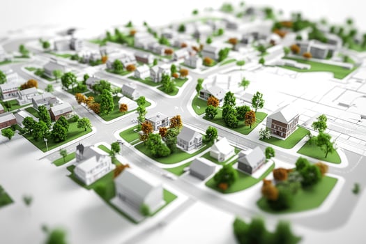 Architectural Model of a Suburban Neighborhood with White Background, Miniature Houses, Green Spaces, and Roads for Urban Planning photo