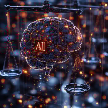 Artificial Intelligence AI Ethics Concept Digital Brain on Scales of Justice, Technology and Law Balance photo
