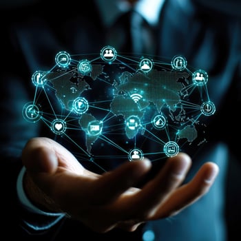 Businessman Holding Digital World Map with Social Network Connections Global Communication and Technology Concept photo
