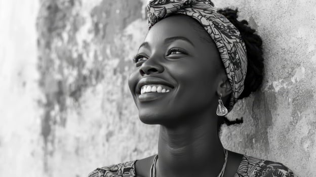 Beautiful Black Woman Smiling with Headwrap, Radiating Joy and Hope in monochrome, against textured background photo