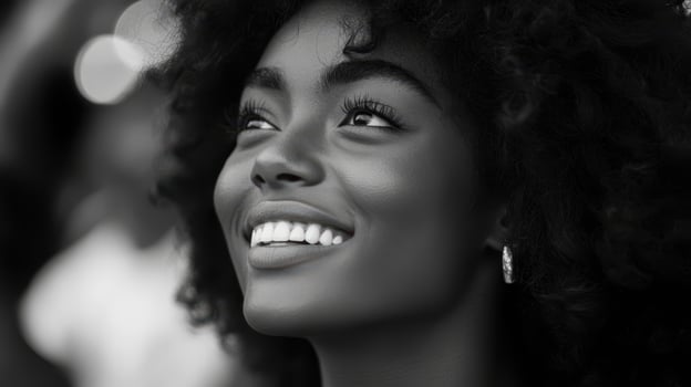 Smiling Woman's Upward Gaze, Black and White Portrait Beauty and Joy photo