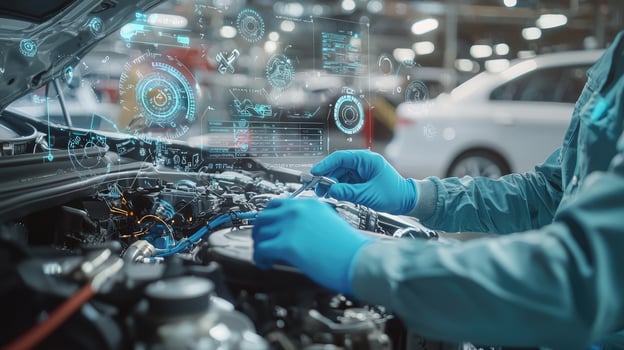 Car Mechanic Diagnostics with Digital Interface and Modern Technology Engine Repair, Auto Service, Automotive Industry photo