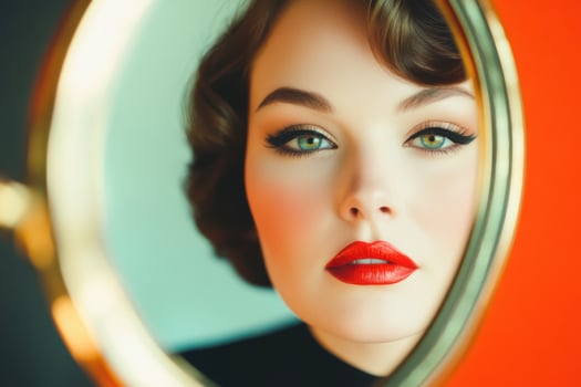 Glamorous woman gazes at herself in vintage vanity mirror within elegant baroque interior as soft lighting accentuates her stunning makeup at dusk photo