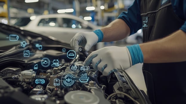 Car Mechanic Using Augmented Reality For Vehicle Diagnostics and Repair in an Auto Repair Shop photo