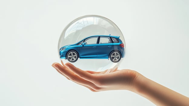Car Safety and Protection Concept Blue Automobile Inside a Transparent Bubble Held by a Hand photo