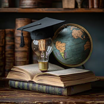 Concept of Global Education Light Bulb with Graduation Cap on Open Book near Globe on Wooden Surface. photo