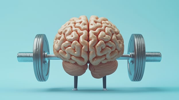 Conceptual 3D Rendering of a Brain Lifting Weights on a Light Blue Background Promoting Mental Fitness and Health photo