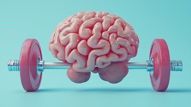 Conceptual Brain Exercise Pink Brain Lifting a Barbell. Mental Strength and Fitness Concept. Gym for Mind. photo
