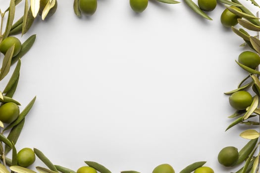 Minimalistic frame made of fresh green olives and branches on a white background photo